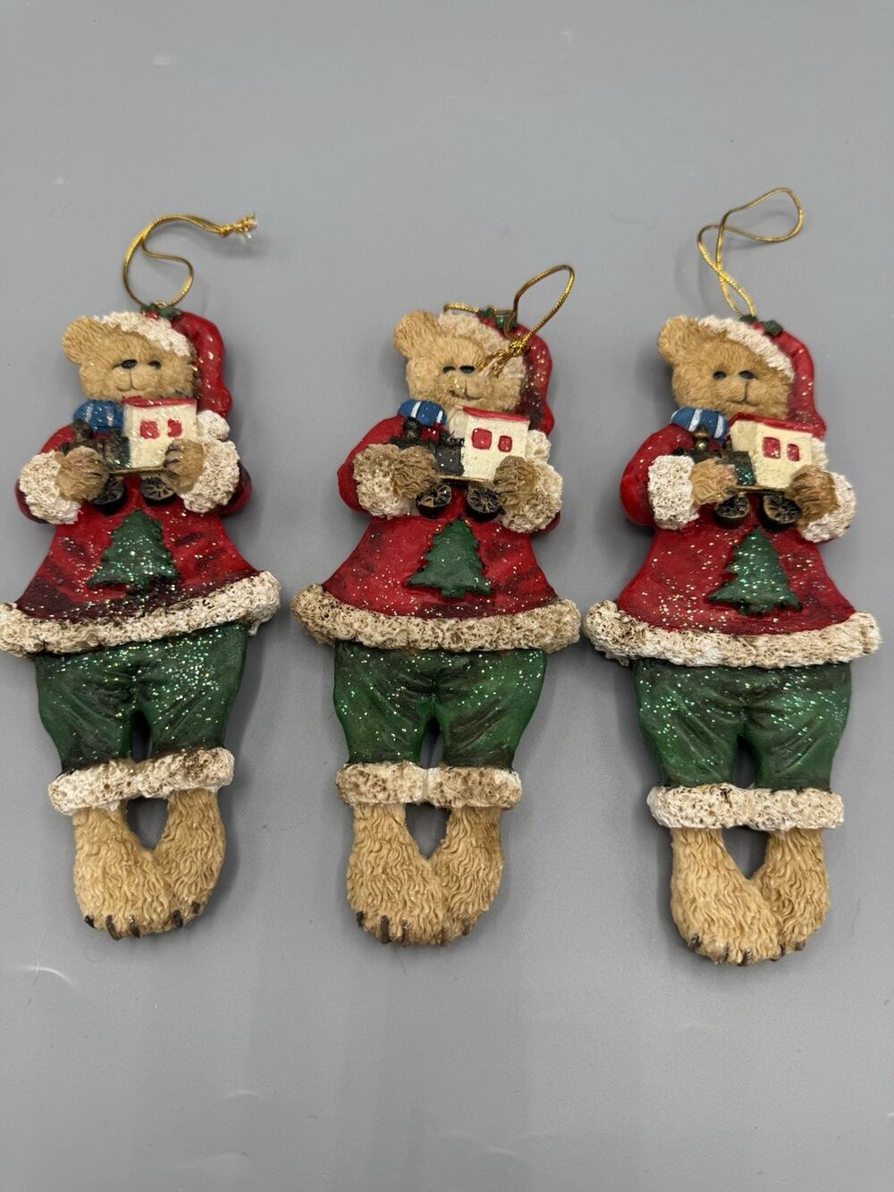 Set of 3 Teddy Bear Christmas Ornaments Train Santa Resin Glitter 7” Holiday